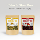 Load image into Gallery viewer, Two packages of tea labeled &#39;Chamomile Tea&#39; and &#39;Hibiscus Tea&#39; with a light gray background.