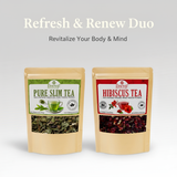 Load image into Gallery viewer, Two tea packages labeled &#39;Pure Slim Tea&#39; and &#39;Hibiscus Tea&#39; on a light gray background.