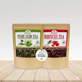 Load image into Gallery viewer, Tea bundle with Pure Slim Tea and Hibiscus Tea packages on a wooden surface.