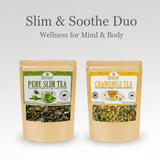 Load image into Gallery viewer, Two packages of tea labeled &#39;Pure Slim Tea&#39; and &#39;Chamomile Tea&#39; on a light gray background.