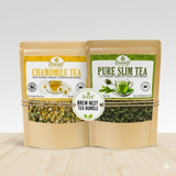 Load image into Gallery viewer, Two packages of Brew Nest tea, one chamomile and one pure slim tea, on a light wooden surface with a white background.